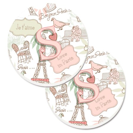 Carolines Treasures Letter S Love in Paris Pink Cup Holder Car Coaster, PK2 CJ2002-SCARC